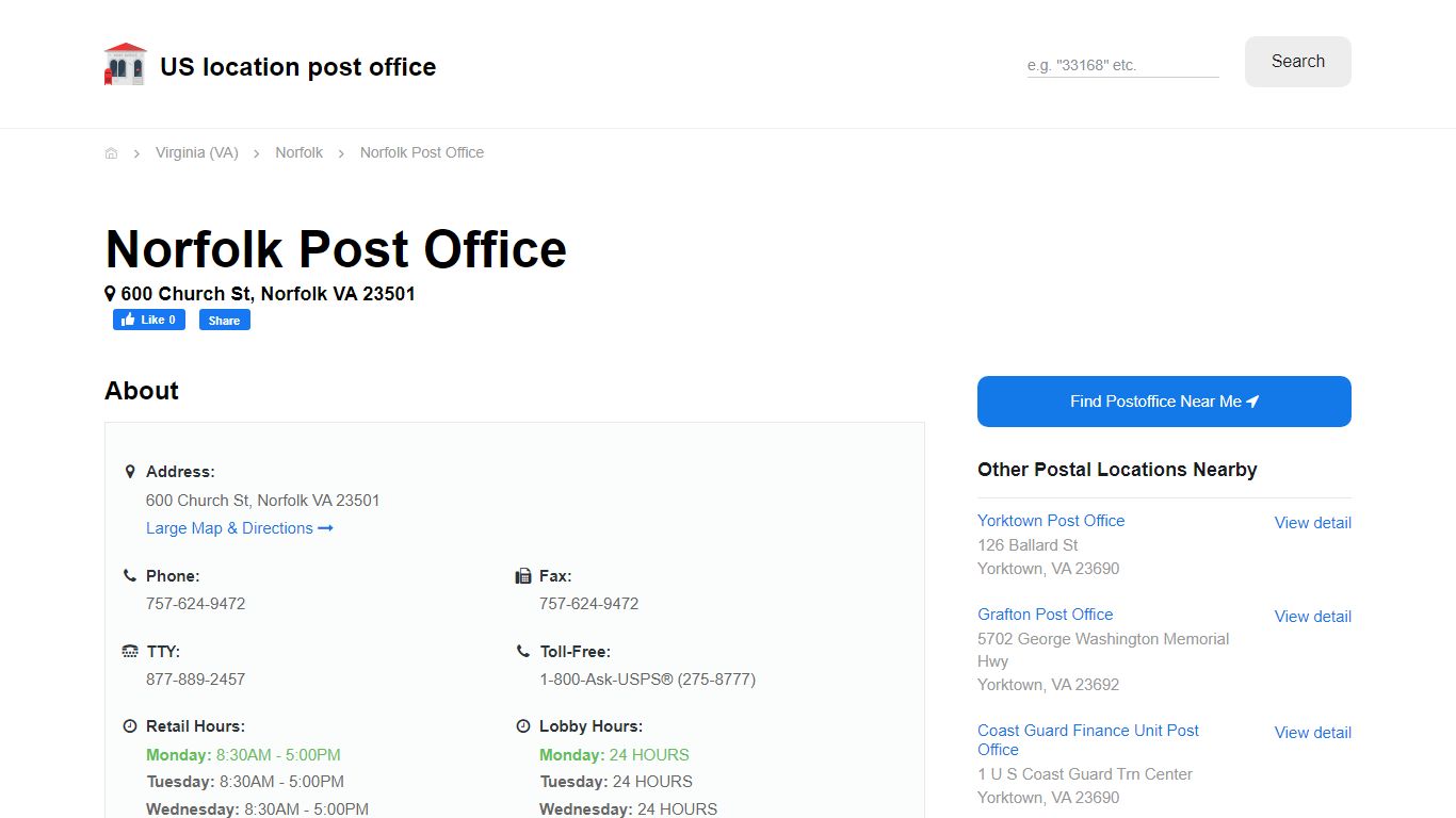 Norfolk Post Office, VA 23501 - Hours Phone Service and Location